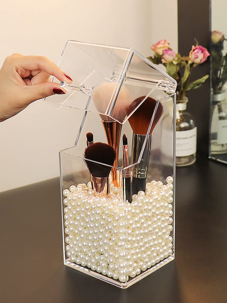 Sooyee Makeup Brush Holder,Makeup Brush Organizer with 8mm White Pearls,Dustproof Makeup Brush holder with Lid - Image 2